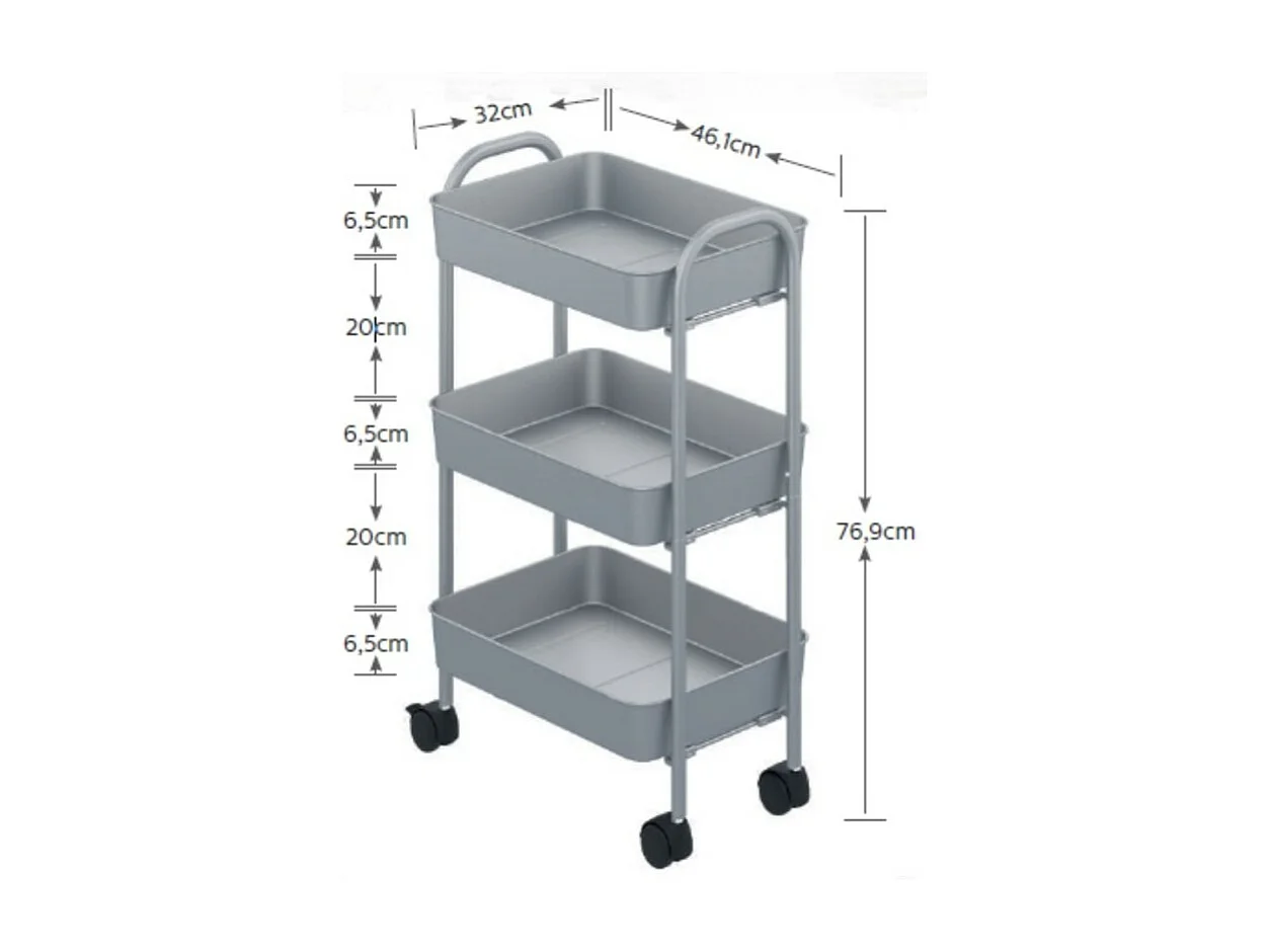 Carrello da cucina 3 ripiani in metallo con ruote Tier 45.5x32x76.4H colore nero