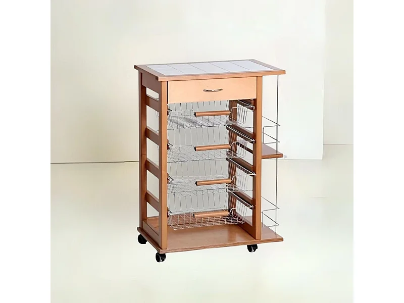 Carrello da cucina 4 cestini estraibili con ripiani porta bottiglie ed un cassetto Vesuvio colore rovere