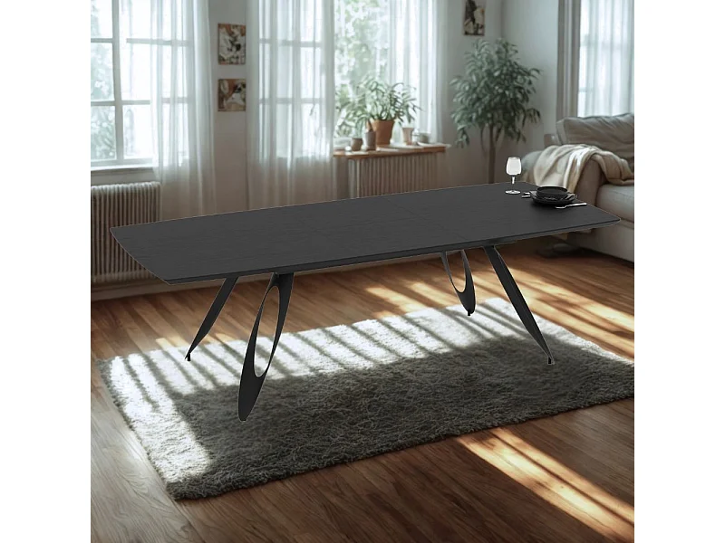 Tavolo allungabile Merkur con gambe in metallo sagomate e piano colore nero 190x103x76H