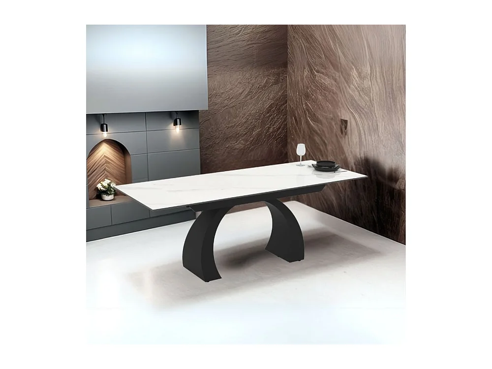 Tavolo allungabile Libra con piano in ceramica effetto marmo bianco e base arcuata nera 140x80x76H