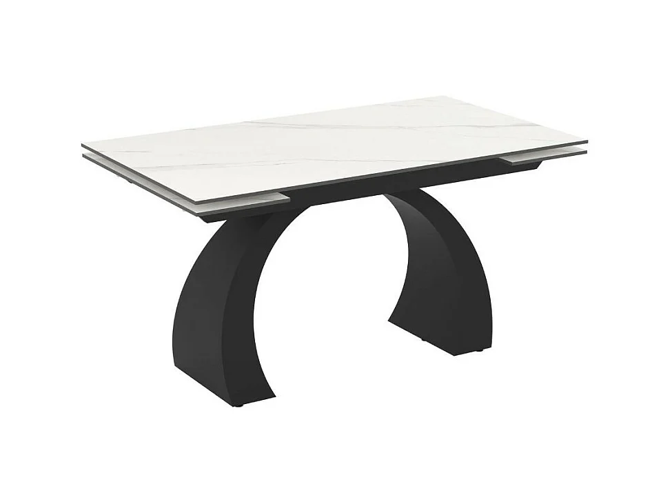 Tavolo allungabile Libra con piano in ceramica effetto marmo bianco e base arcuata nera 140x80x76H
