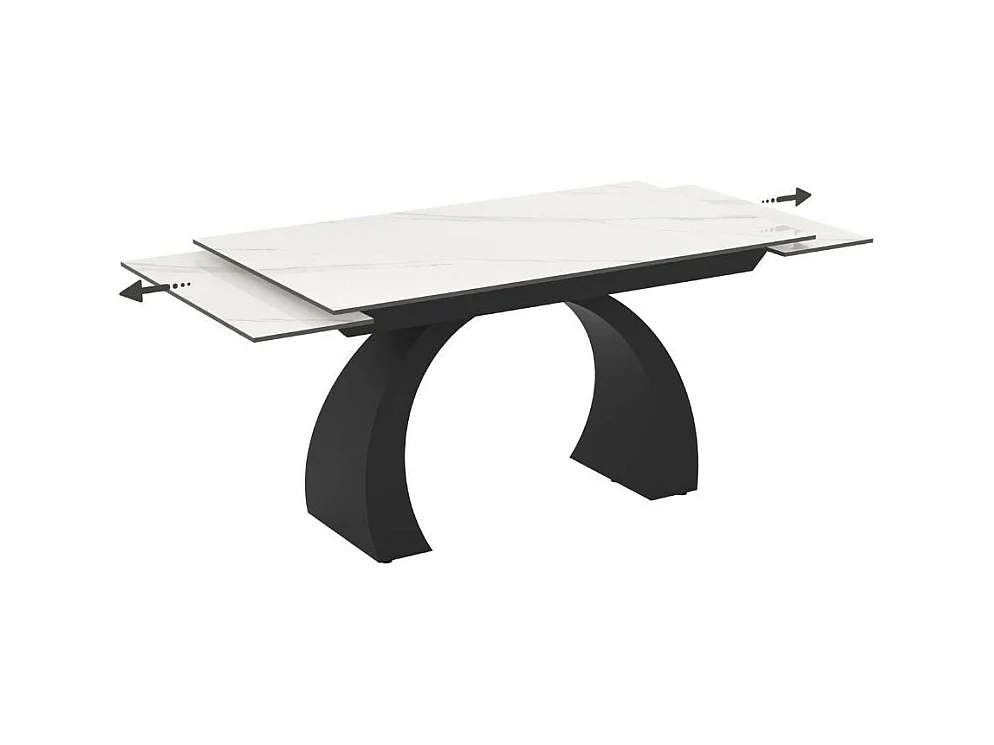 Tavolo allungabile Libra con piano in ceramica effetto marmo bianco e base arcuata nera 140x80x76H