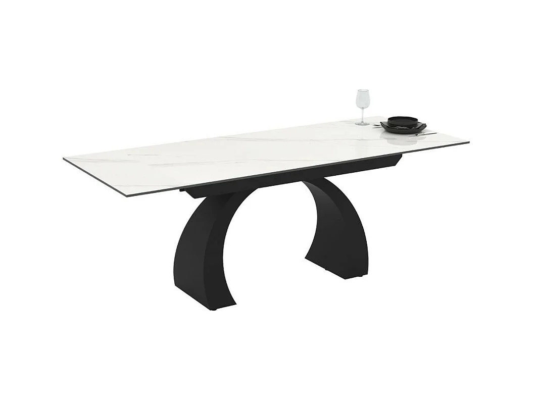 Tavolo allungabile Libra con piano in ceramica effetto marmo bianco e base arcuata nera 140x80x76H