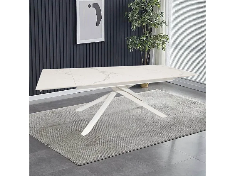 Tavolo allungabile Nefti top ceramica bianco statuario lucido e gambe in metallo bianco 160x90x76h