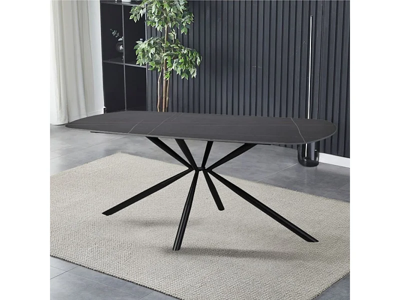 Tavolo Style con piano in ceramica effetto marmo nero opaco e oro