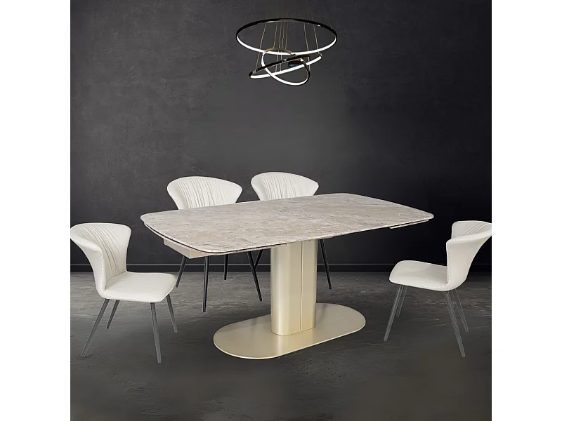 Tavolo allungabile Vesta top ceramica marrone atene lucido e base in metallo oro 170x90x76h