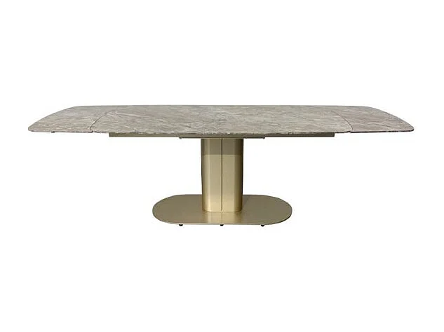 Tavolo allungabile Vesta top ceramica marrone atene lucido e base in metallo oro 170x90x76h