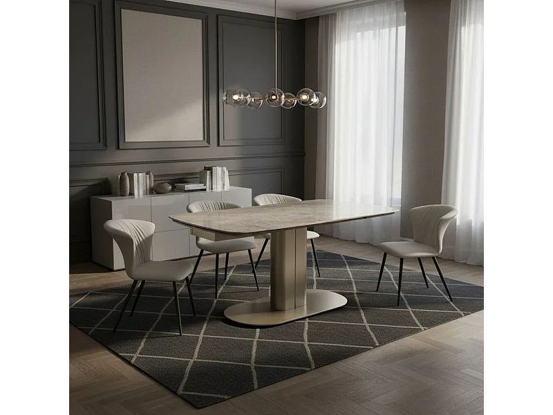 Tavolo allungabile Vesta top ceramica marrone atene lucido e base in metallo oro 170x90x76h