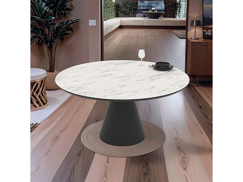 Tavolo girevole allungabile Yandan con piano effetto marmo bianco opaco e base conica in metallo nero 150x94x76H