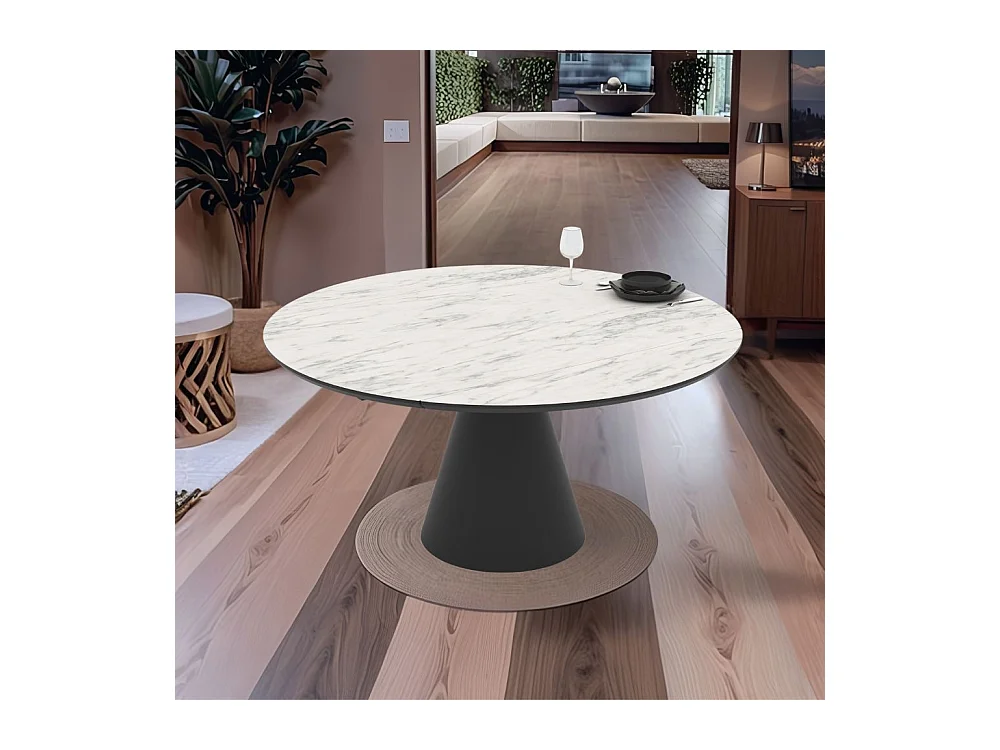 Tavolo girevole allungabile Yandan con piano effetto marmo bianco opaco e base conica in metallo nero 150x94x76H
