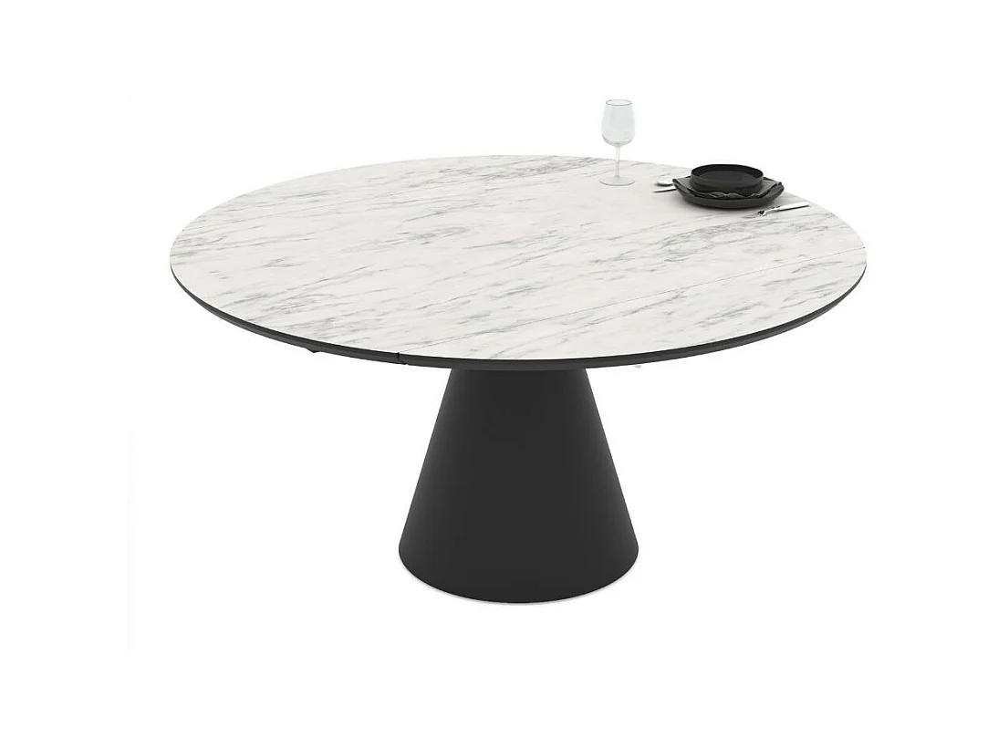 Tavolo girevole allungabile Yandan con piano effetto marmo bianco opaco e base conica in metallo nero 150x94x76H