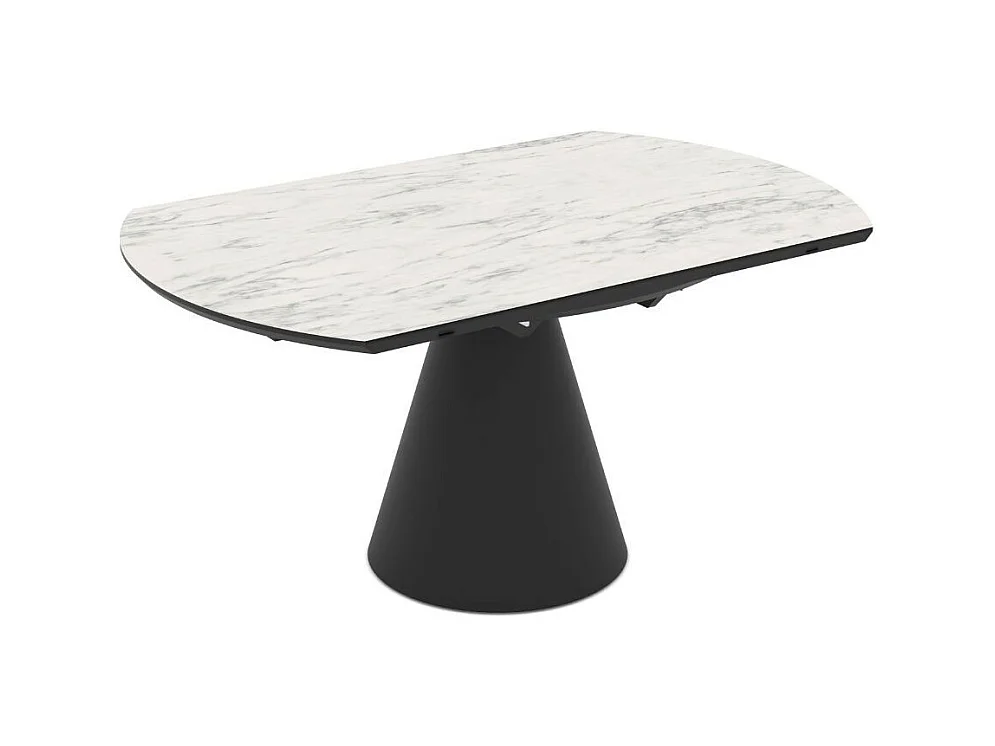 Tavolo girevole allungabile Yandan con piano effetto marmo bianco opaco e base conica in metallo nero 150x94x76H