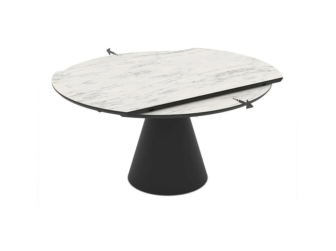 Tavolo girevole allungabile Yandan con piano effetto marmo bianco opaco e base conica in metallo nero 150x94x76H