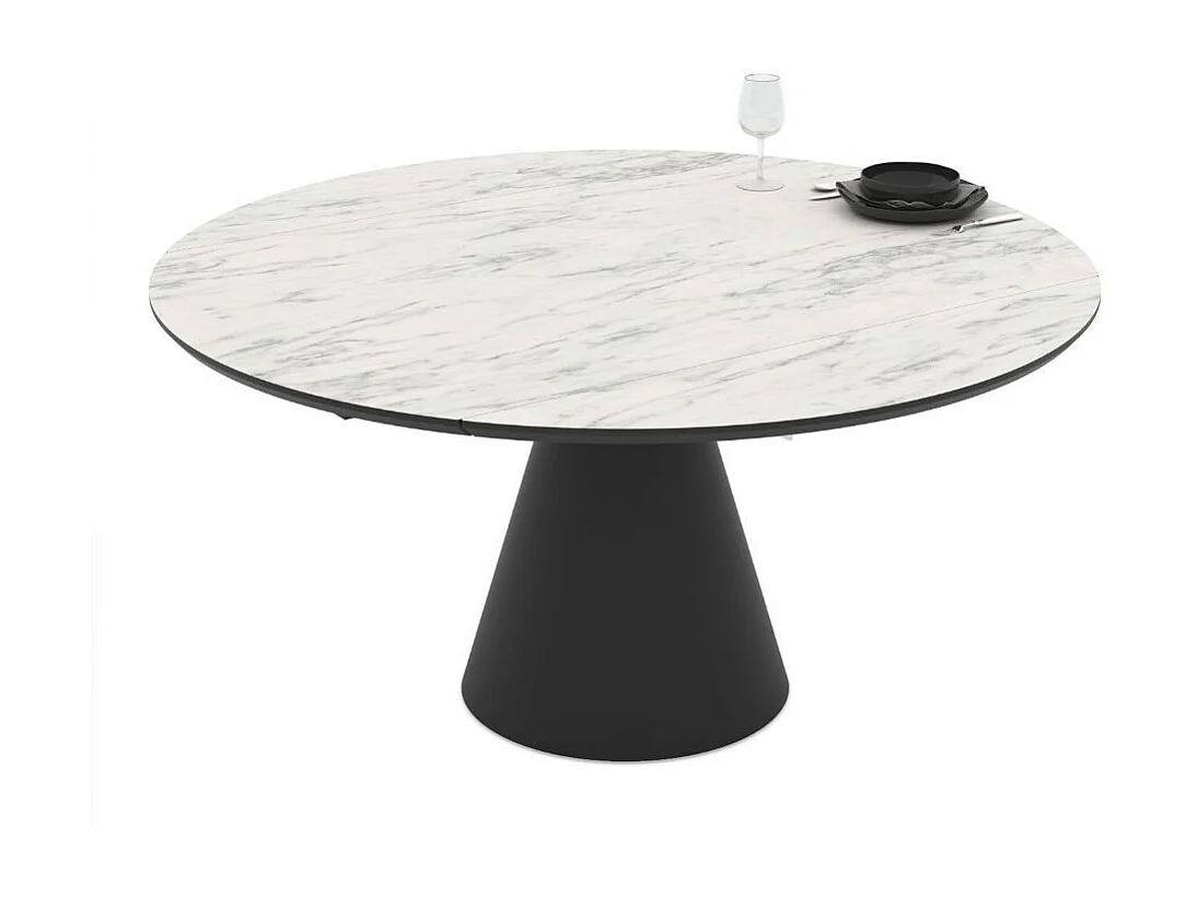 Tavolo girevole allungabile Yandan con piano effetto marmo bianco opaco e base conica in metallo nero 150x94x76H
