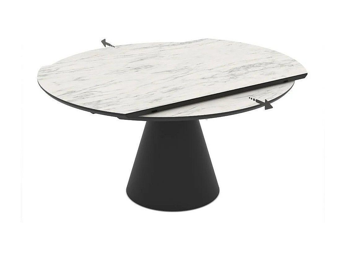 Tavolo girevole allungabile Yandan con piano effetto marmo bianco opaco e base conica in metallo nero 150x94x76H