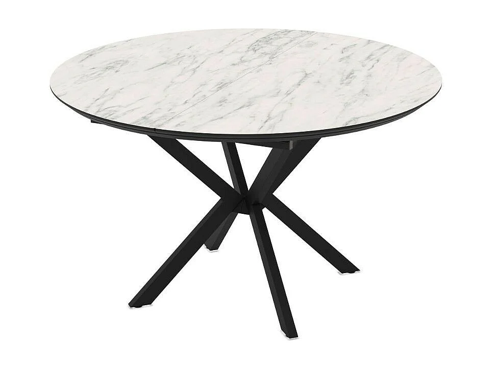 Tavolo rotondo allungabile Dobok piano effetto marmo bianco opaco 126x126x76H con gambe nere