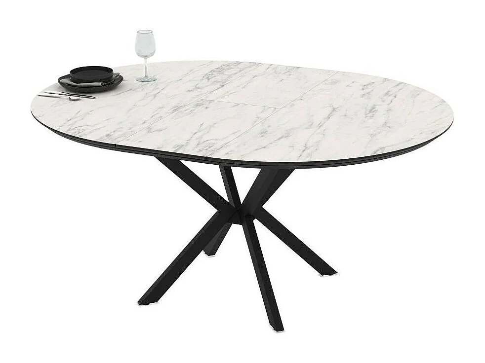 Tavolo rotondo allungabile Dobok piano effetto marmo bianco opaco 126x126x76H con gambe nere