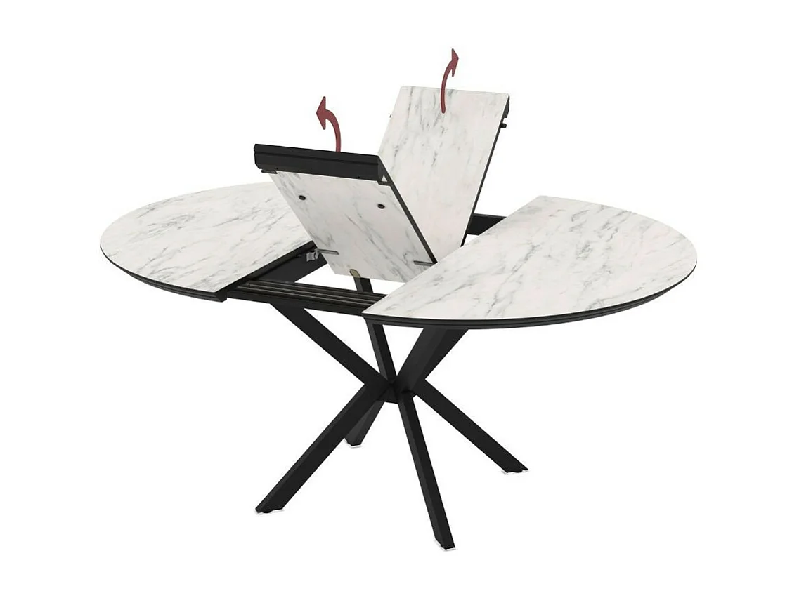 Tavolo rotondo allungabile Dobok piano effetto marmo bianco opaco 126x126x76H con gambe nere