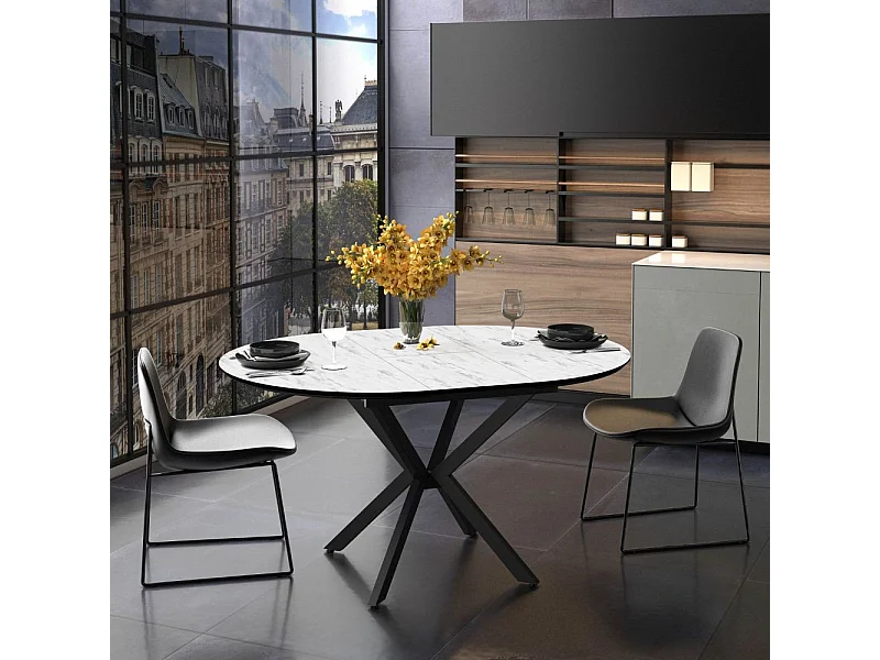 Tavolo rotondo allungabile Dobok piano effetto marmo bianco opaco 126x126x76H con gambe nere