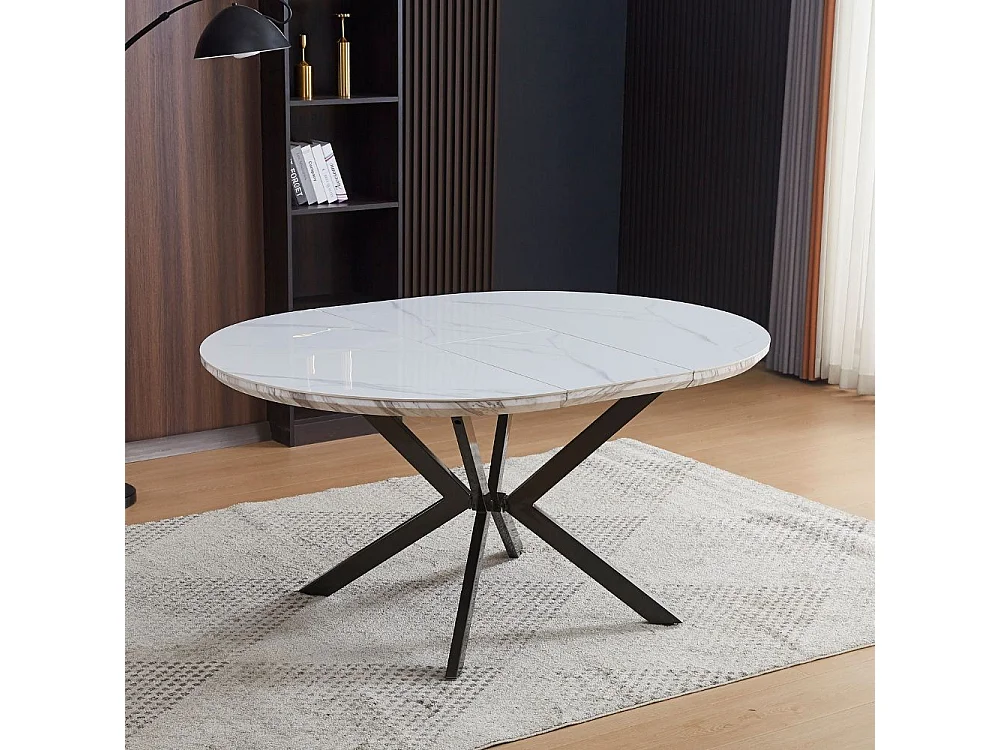 Tavolo rotondo allungabile Evelina piano effetto marmo bianco lucido 120x120x76H