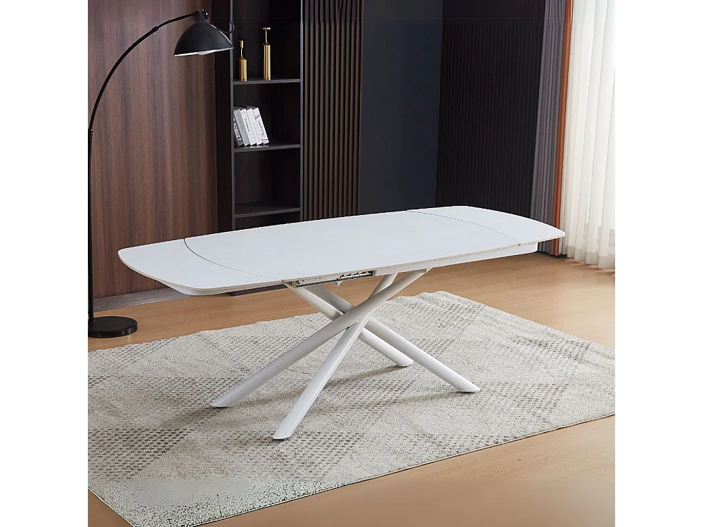 Tavolo girevole allungabile piano ceramica effetto marmo bianco opaco Astrid 140x90x76H