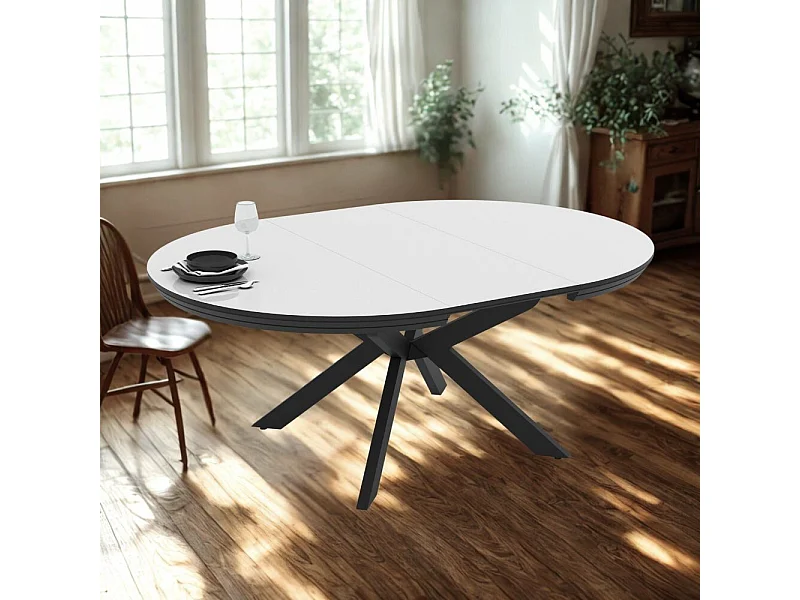 Tavolo rotondo allungabile Meli bianco lucido con gambe nere 138x138x76H