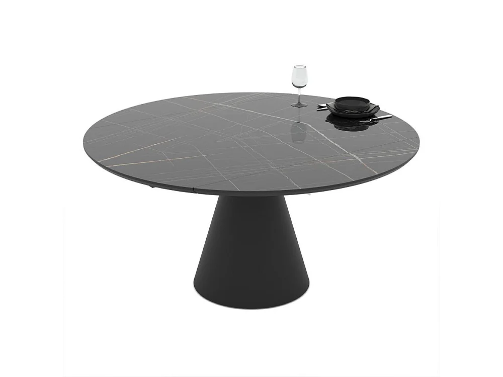 Tavolo girevole allungabile Yandan con piano effetto marmo nero lucido e base conica in metallo nero 150x94x76H