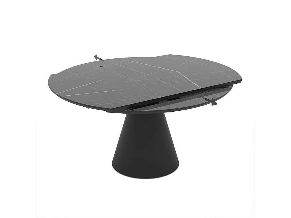 Tavolo girevole allungabile Yandan con piano effetto marmo nero lucido e base conica in metallo nero 150x94x76H