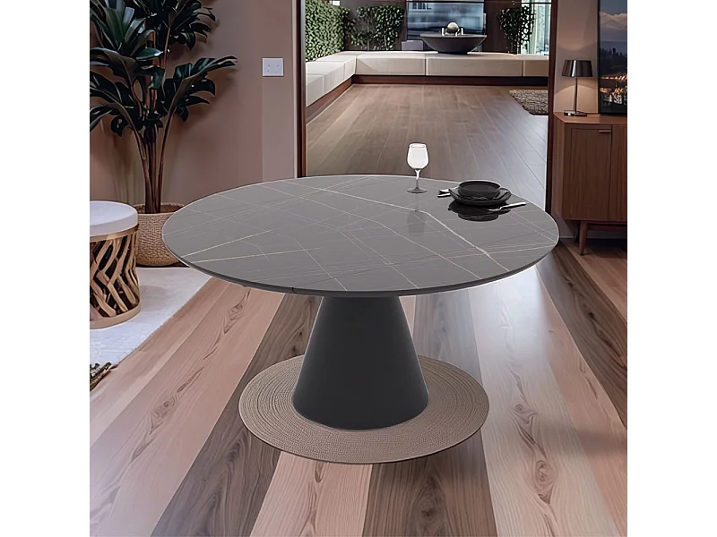 Tavolo girevole allungabile Yandan con piano effetto marmo nero lucido e base conica in metallo nero 150x94x76H