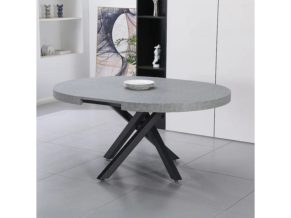 Tavolo rotondo allungabile Raven con piano cemento e gambe shangai nero 120x120x75H