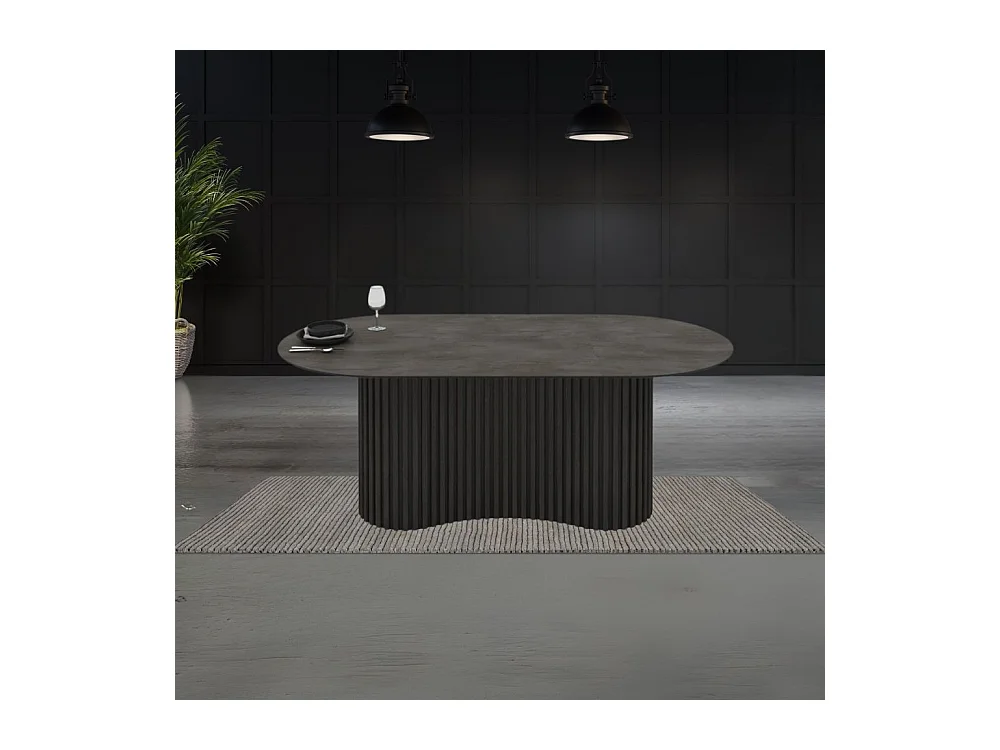 Tavolo ovale fisso Oscar piano effetto marmo ardesia opaco e base in legno cannettata 200x100x76H