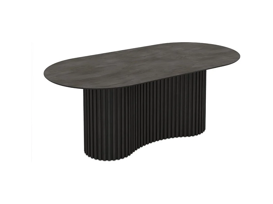 Tavolo ovale fisso Oscar piano effetto marmo ardesia opaco e base in legno cannettata 200x100x76H