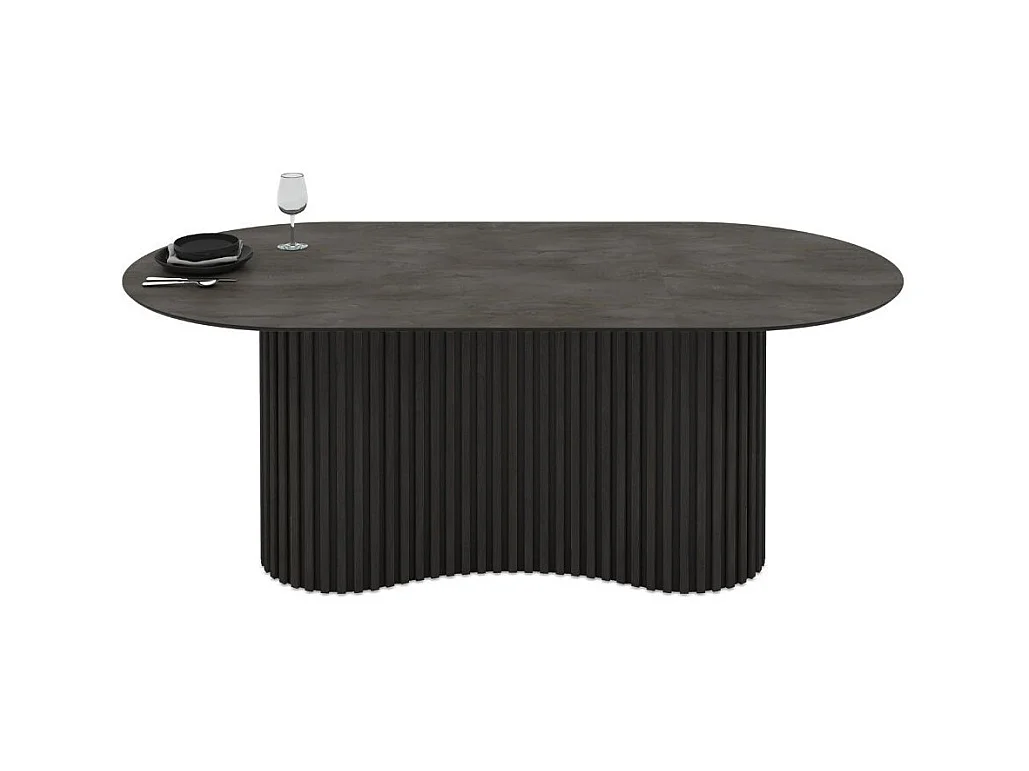 Tavolo ovale fisso Oscar piano effetto marmo ardesia opaco e base in legno cannettata 200x100x76H