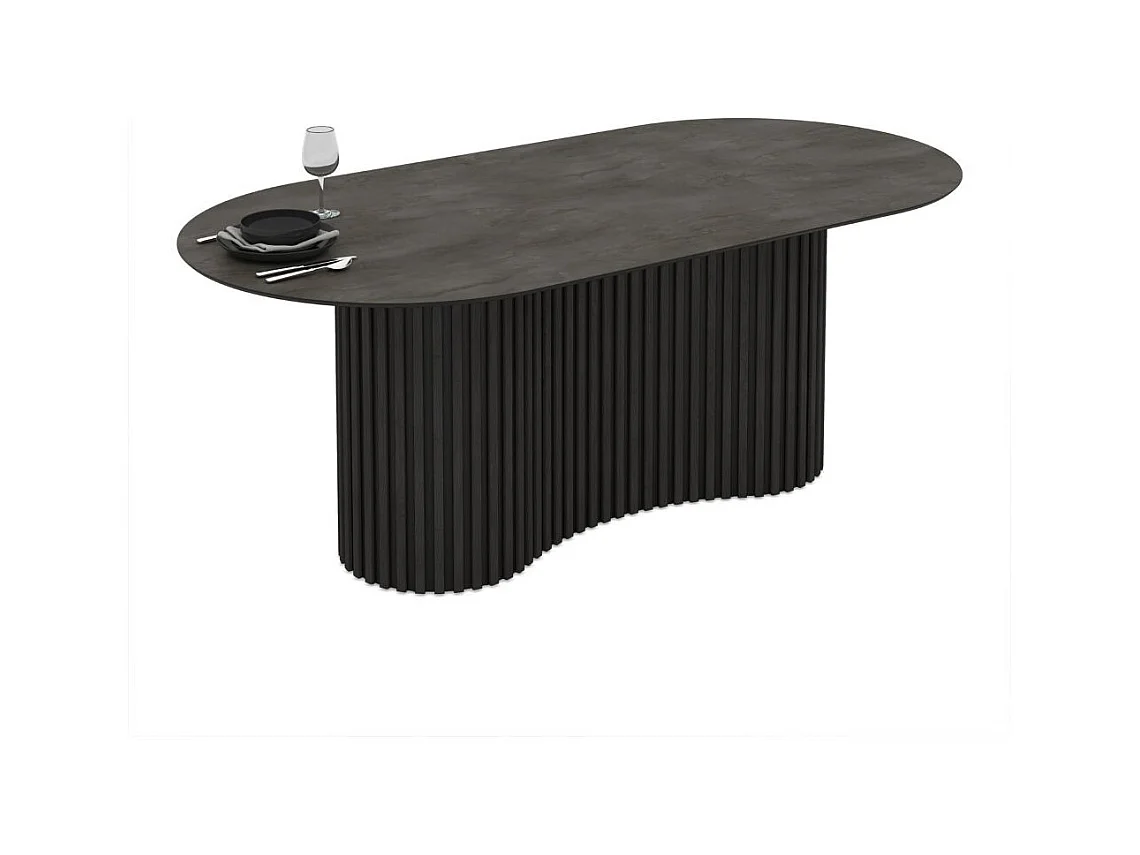 Tavolo ovale fisso Oscar piano effetto marmo ardesia opaco e base in legno cannettata 200x100x76H