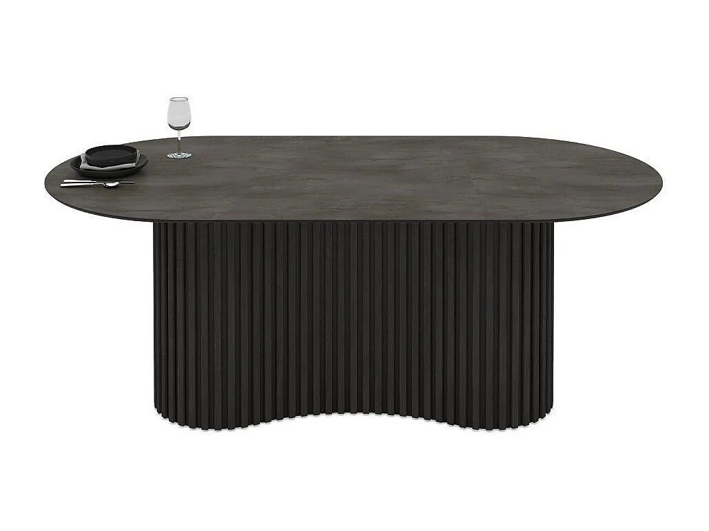 Tavolo ovale fisso Oscar piano effetto marmo ardesia opaco e base in legno cannettata 200x100x76H