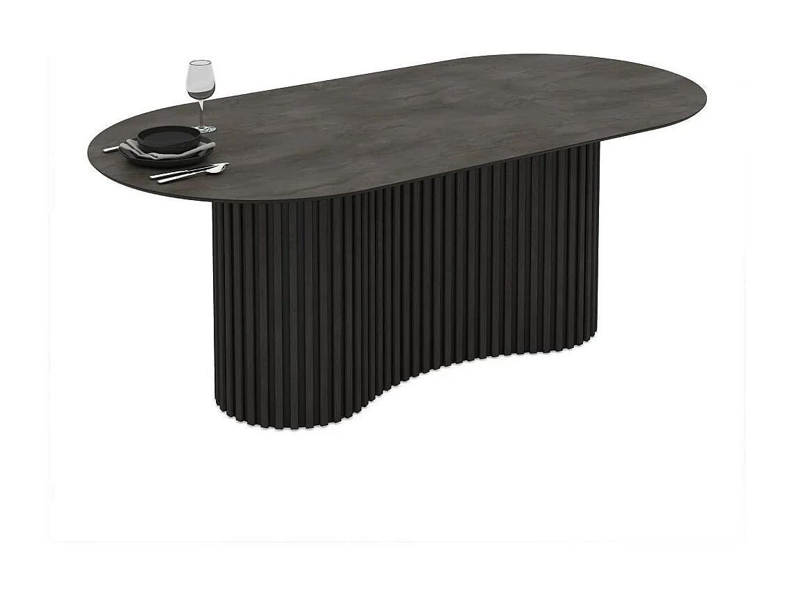 Tavolo ovale fisso Oscar piano effetto marmo ardesia opaco e base in legno cannettata 200x100x76H