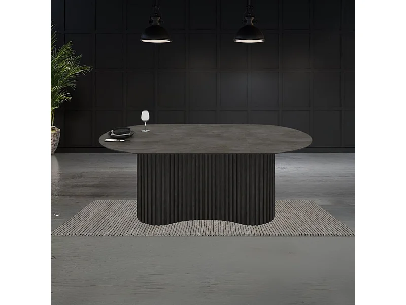 Tavolo ovale fisso Oscar piano effetto marmo ardesia opaco e base in legno cannettata 200x100x76H