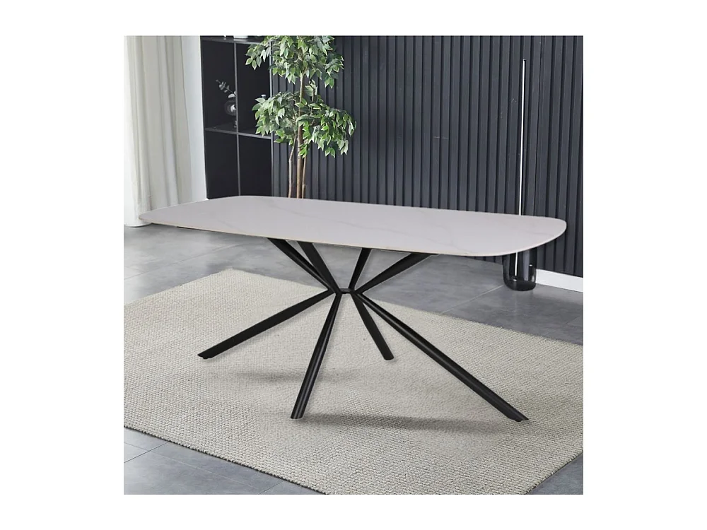 Tavolo Style con piano in ceramica effetto marmo bianco lucido e gambe nere