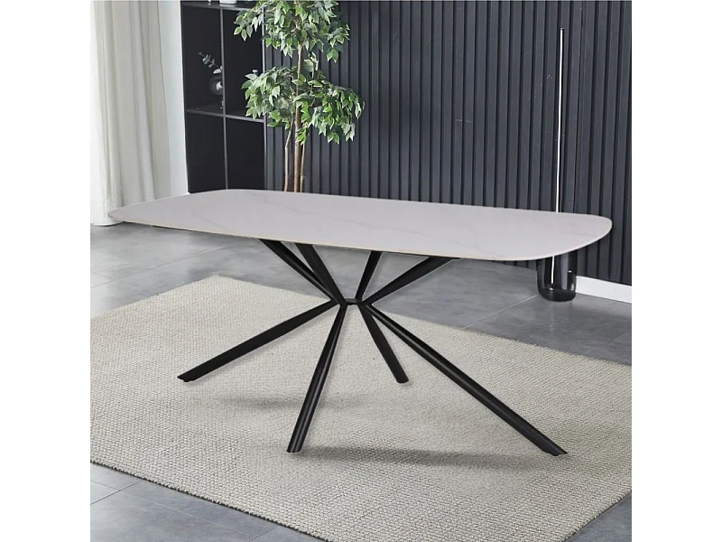 Tavolo Style con piano in ceramica effetto marmo bianco lucido e gambe nere