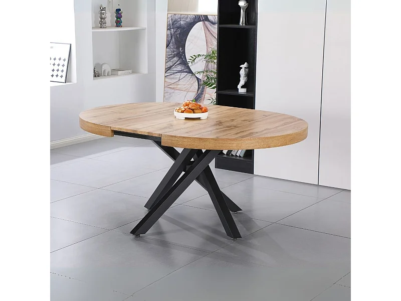 Tavolo rotondo allungabile Raven con piano rovere e gambe shangai nero 120x120x75H