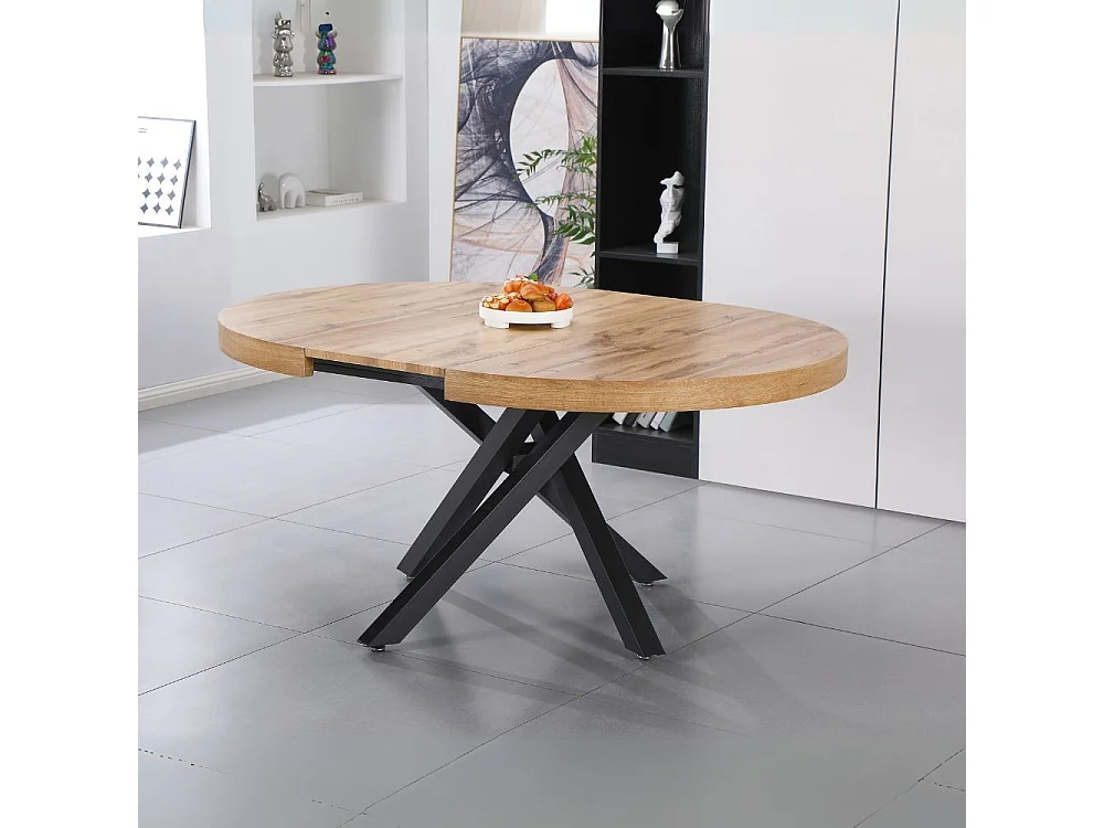 Tavolo rotondo allungabile Raven con piano rovere e gambe shangai nero 120x120x75H