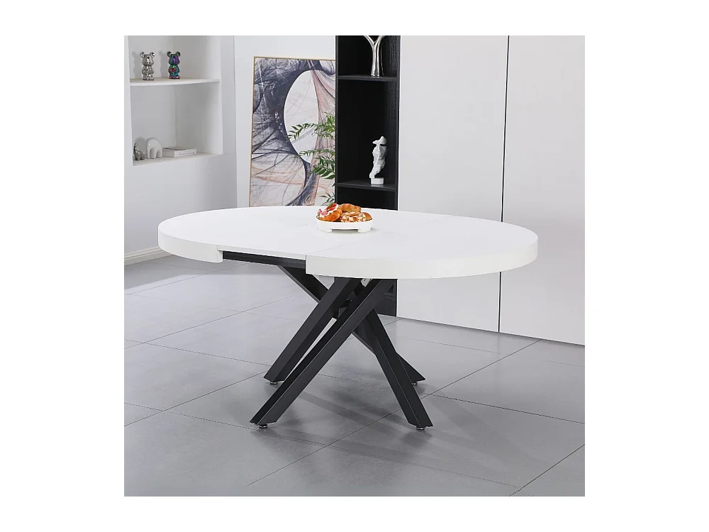 Tavolo rotondo allungabile Raven con piano bianco opaco e gambe shangai nero 120x120x75H