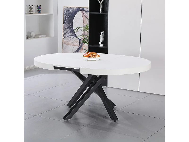 Tavolo rotondo allungabile Raven con piano bianco opaco e gambe shangai nero 120x120x75H
