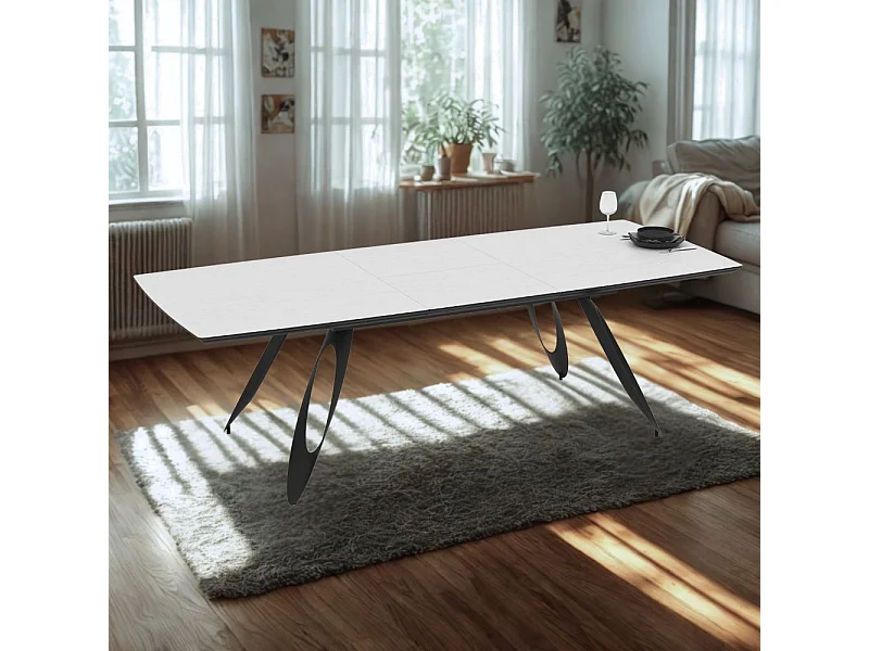 Tavolo allungabile Merkur con gambe in metallo sagomate e piano colore bianco frassino 190x103x76H