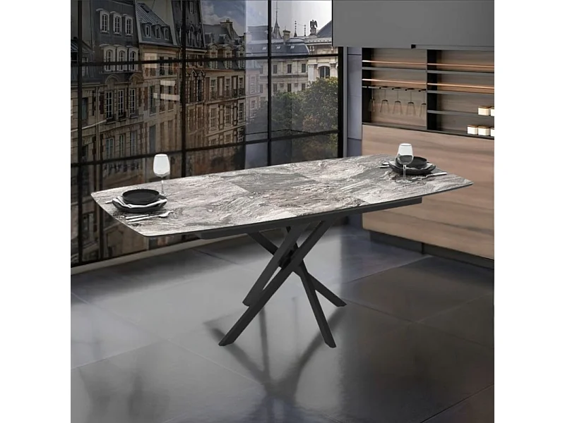 Tavolo allungabile Filis piano effetto marmo arabesque nero lucido e gambe in metallo nero 145x90x76H