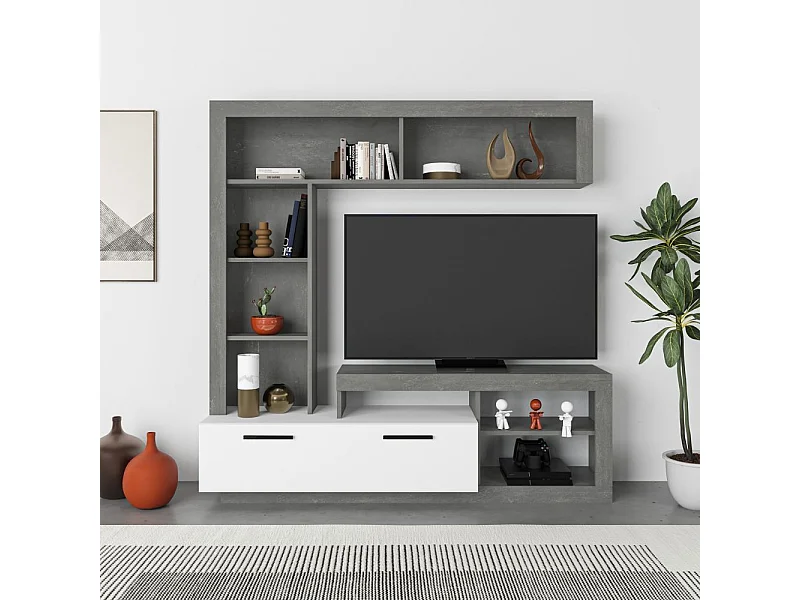 Parete attrezzata Leo 171x42x171 colore cemento bianco