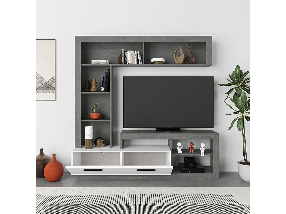 Parete attrezzata Leo 171x42x171 colore cemento bianco