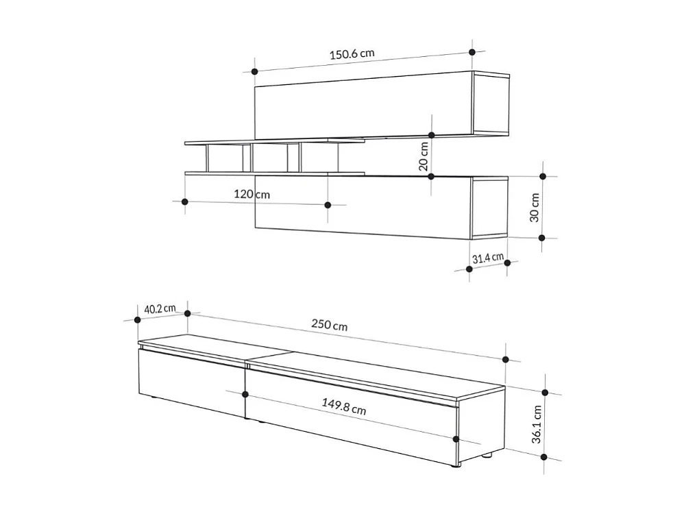 Parete attrezzata cemento e antracite 250x40x206H