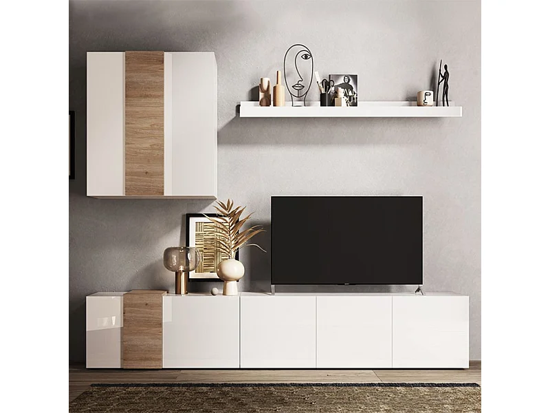 Parete attrezzata 301x44x195h Sabry colore bianco lucido rovere Kadiz