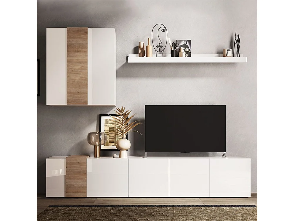 Parete attrezzata 301x44x195h Sabry colore bianco lucido rovere Kadiz